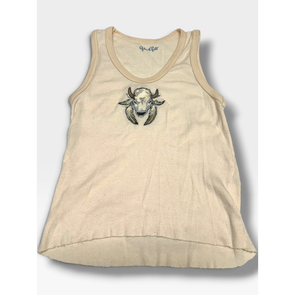 John Galt Marisa Tank Top Cream Ribbed Embroidered Goat Graphic Scoop Neck